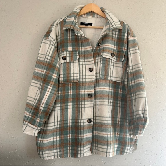 Forever 21 Jackets & Blazers - Forever 21 Cream Green Flannel Shacket Jacket Button Down Fall Comfy Oversized